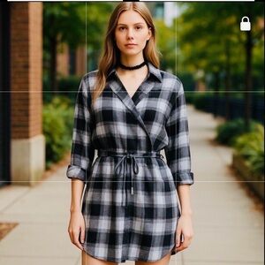 H&M Plaid Shirt Dress Gray Black Button Front Tie Waist Flannel Large